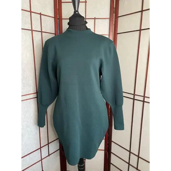 Express Dark Green Mock Neck Balloon Sleeve Knit Mini Sweater Dress Size Medium - Picture 3 of 9